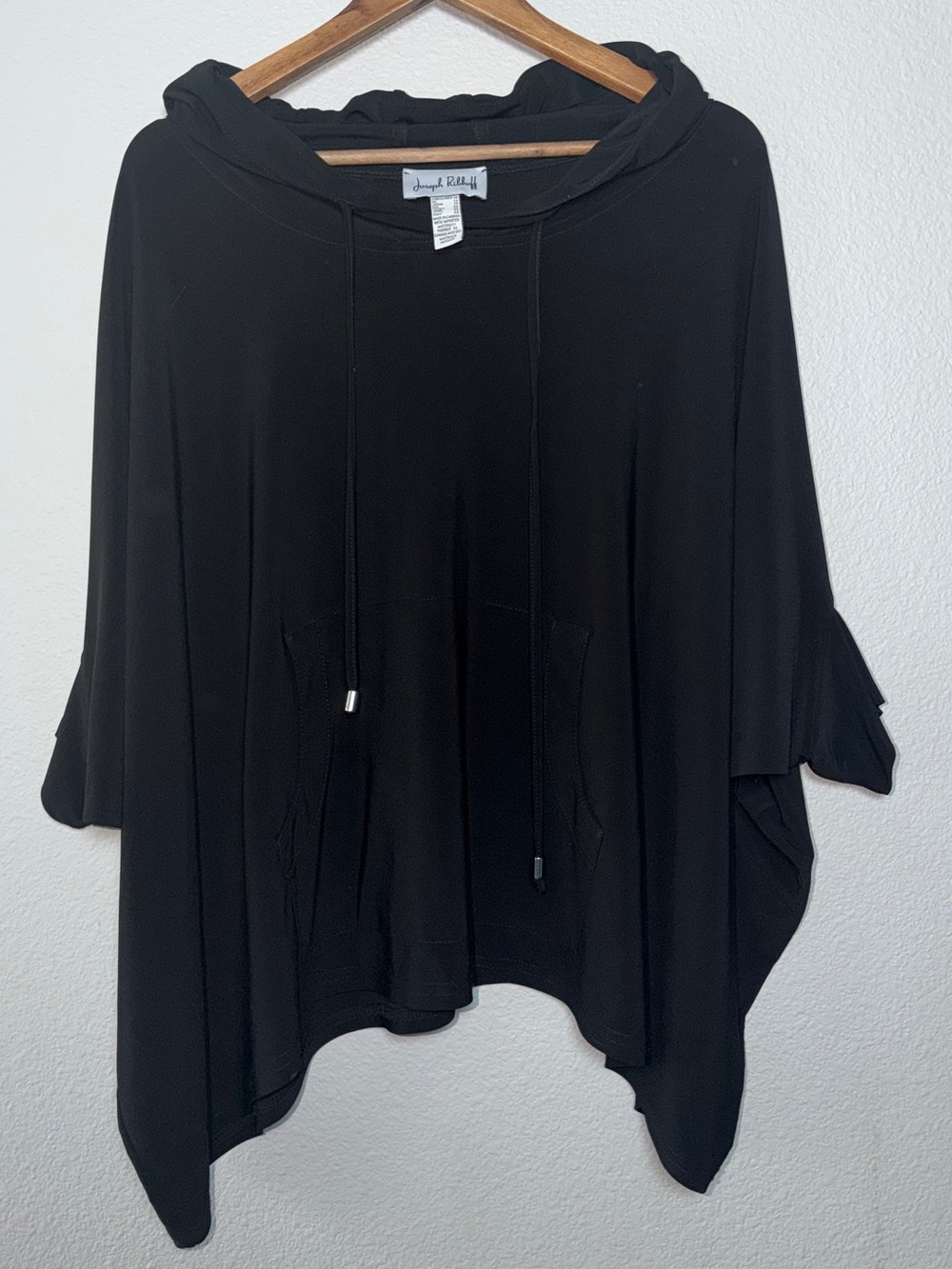 Joseph Ribkoff Black Hooded Poncho Top Womens Size 10 Draped Cape Pocket Tunic